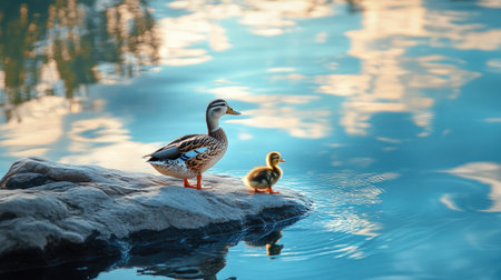 Duck and duckling standing on a rock by a lake, blue sky reflecting on the water with gentle waves.の素材