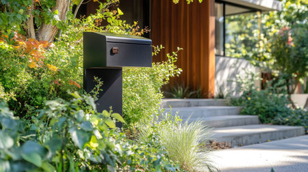 Freestanding black mailbox with a sloped design, blending into a modern front yard with lush greenery.の素材