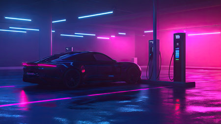 Electric vehicle connected to a charging station with digital display in a quiet parking lot, soft lighting and modern design.の素材