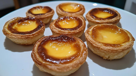 Egg custard tarts arranged on a white plate, their smooth tops and flaky crusts catching the light perfectly.の素材