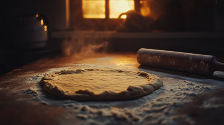 Flat raw wheat dough rolled out on a floured table, rolling pin beside it, soft ambient light.の素材