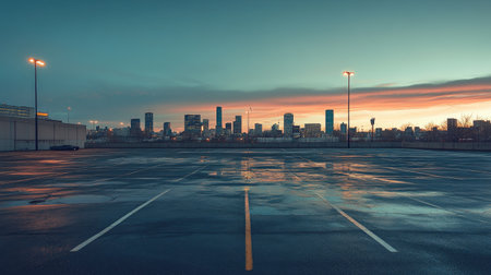 Empty parking lot with panoramic view of a city skyline, a few distant skyscrapers reflecting early morning light.の素材