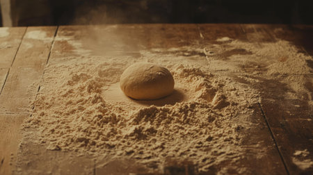 Flour scattered across a wooden table with a round dough ball in the center, ready for baking, warm rustic light.の素材