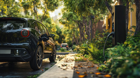 Electric car connected to a charging station in a quiet suburban area, lush trees and greenery surrounding the scene.の素材