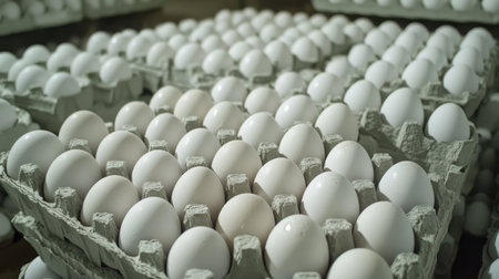 Eggs packed in neat rows inside a carton, with stacks of similar cartons arranged for wholesale.の素材