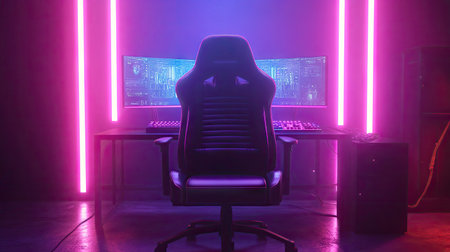 Empty gamer chair in a room illuminated by purple and blue RGB lights, monitors and keyboard casting ambient glow.の素材