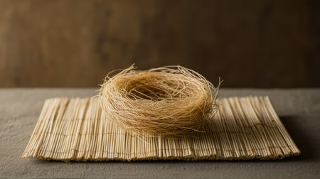 Elegant edible bird nest on a bamboo mat, with subtle natural lighting emphasizing its delicate fibers.の素材
