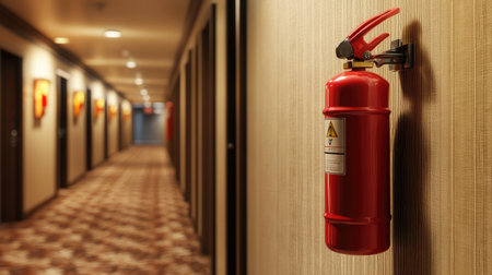 Fire extinguisher hanging in a hotel corridor on a beige wall, blending with modern decor while ensuring safety.の素材