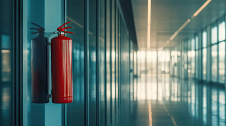 Fire extinguisher hanging on a glass wall in a modern office building, reflecting clean, sleek architecture.の素材