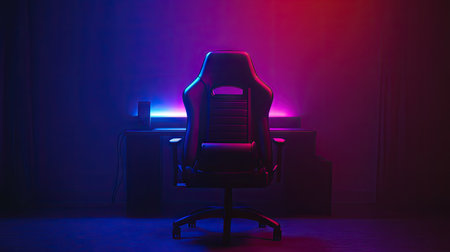Empty gamer chair in a dark room, RGB lights from desk setup casting vibrant colors across the space.の素材
