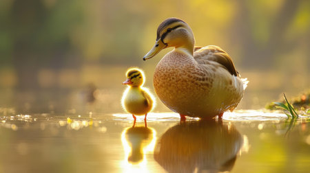 Duckling standing close to an adult duck near the water's edge, both with gentle reflections on the calm lake.の素材