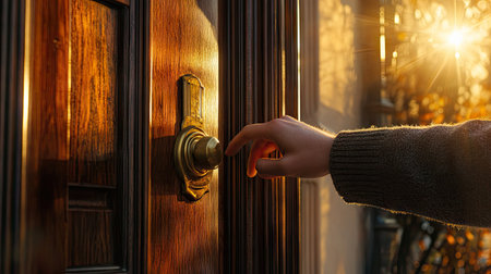 Hand of a young man raised to knock on a door with a dark wood finish and brass accents, warm sunlight outside.の素材