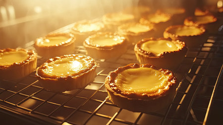 Freshly baked egg custard tarts lined up on a cooling rack, with golden tops and soft lighting.の素材