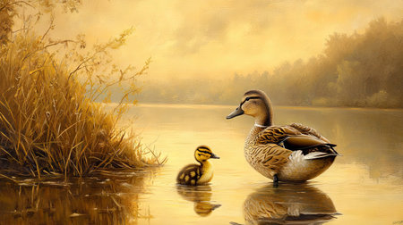 Duckling standing close to an adult duck near the water's edge, both with gentle reflections on the calm lake.の素材