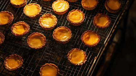 Freshly baked egg custard tarts cooling on a wire rack, inviting textures and warm tones filling the frame.の素材