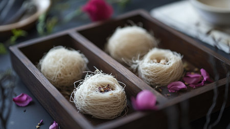 Fresh white edible bird nests in a traditional wooden tray, beautifully presented with herbal ingredients.の素材
