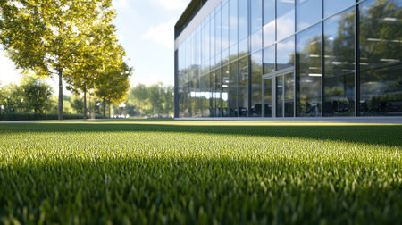 Freshly mowed lawn in front of a sleek, minimalist office building with large glass windows. Clean and modern atmosphere.の素材
