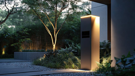 Freestanding modern mailbox with sleek lines and subtle lighting, positioned in a minimalist garden.の素材