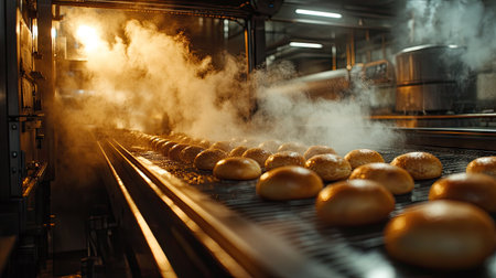 Fresh bread rolls moving down a production line in an industrial bakery, steam rising as they exit the oven.の素材