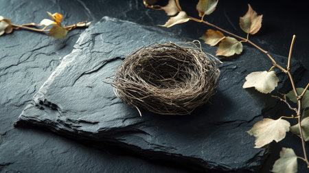 Fresh raw bird nest resting on a dark stone slab, with elegant leaves and decor accentuating the delicate texture.の素材