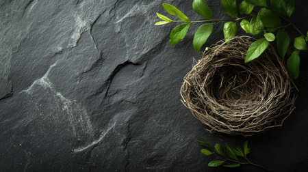 Fresh raw bird nest resting on a dark stone slab, with elegant leaves and decor accentuating the delicate texture.の素材