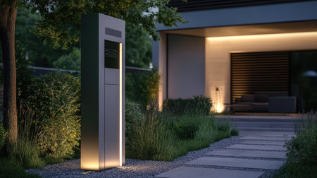 Freestanding modern mailbox with sleek lines and subtle lighting, positioned in a minimalist garden.の素材