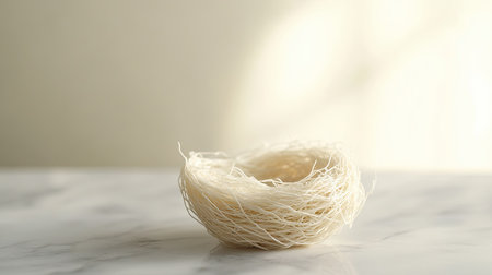 Fresh white edible bird nest placed on a smooth marble surface with a soft background for a minimalistic look.の素材