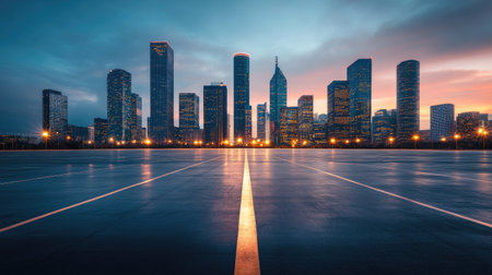 Large, empty parking lot leading to a modern city skyline with skyscrapers, captured at dusk with warm lighting.の素材