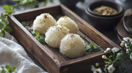 Fresh white edible bird nests in a traditional wooden tray, beautifully presented with herbal ingredients.の素材