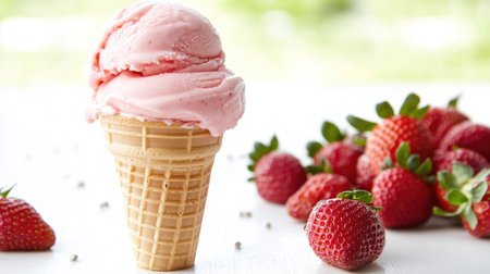 Ice cream cone with creamy strawberry ice cream, made from fresh milk, set on a white table with fresh strawberries around.の素材