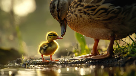 Duckling standing at the feet of a large adult duck by a stream, soft light enhancing their connection.の素材
