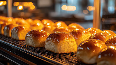 Golden-brown bread rolls fresh from the oven on a conveyor, an industrial bakery scene with warm lighting.の素材