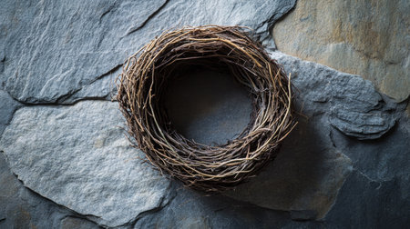 Fresh edible bird nests arranged in a circle on a smooth stone surface, with a minimalist, natural look.の素材