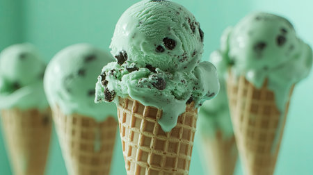 Fresh mint chocolate chip ice cream cone with a waffle base, made from fresh milk. Close-up of creamy, textured scoops.の素材