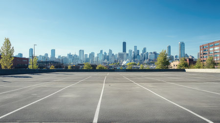 Large parking lot with clear marked spaces, city skyline of tall buildings in the distance, sunny day with clear sky.の素材