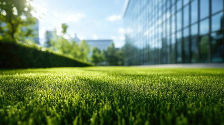 Green lawn stretching across the foreground with a modern glass office structure in the background, bright and serene.の素材