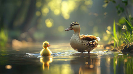 Duckling following closely behind an adult duck as they wade in shallow water, reflecting their journey together.の素材
