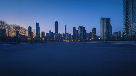 Large, empty parking lot leading to a modern city skyline with skyscrapers, captured at dusk with warm lighting.の素材