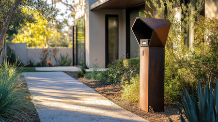 Freestanding modern mailbox with an angular design, set along a pathway leading to a contemporary home.の素材