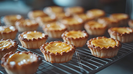 Freshly baked egg custard tarts lined up on a cooling rack, with golden tops and soft lighting.の素材