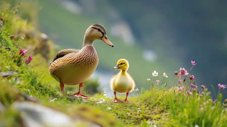 Duckling walking close to an adult duck on a grassy hillside, small flowers blooming around them.の素材