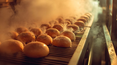 Fresh bread rolls moving down a production line in an industrial bakery, steam rising as they exit the oven.の素材
