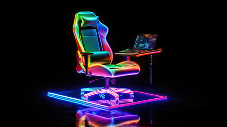 Gamer chair illuminated by neon lights from screens and peripherals, casting colorful reflections in a dark room.の素材