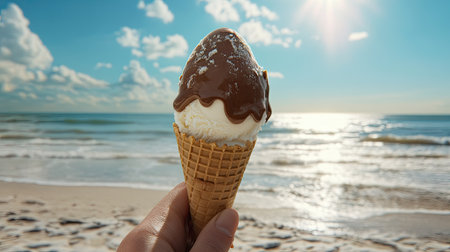 Hand holding a chocolate-dipped vanilla ice cream cone, made from fresh milk, with a beach scene in the background. Melting slightly under the sun.の素材