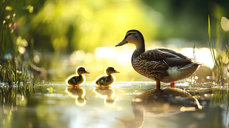 Duckling following closely behind an adult duck as they wade in shallow water, reflecting their journey together.の素材