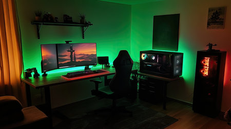 Gaming setup with an empty chair, colorful RGB lighting on the desk, and dual monitors glowing in the dark.の素材