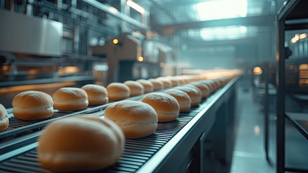 Industrial bakery conveyor with bread rolls aligned in rows, machinery and equipment creating a clean production environment.の素材