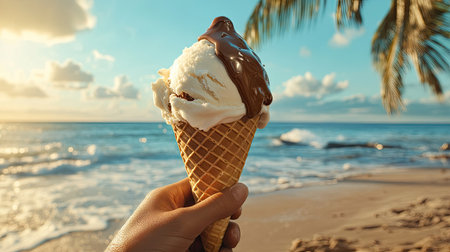 Hand holding a chocolate-dipped vanilla ice cream cone, made from fresh milk, with a beach scene in the background. Melting slightly under the sun.の素材