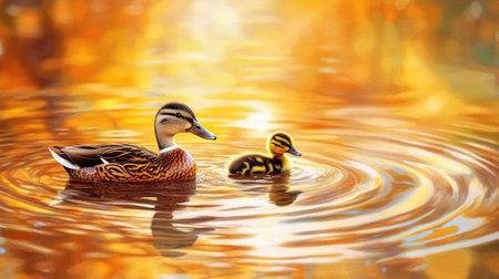 Mother duck and duckling wading through water, ripples gently surrounding them, creating a calm scene.の素材