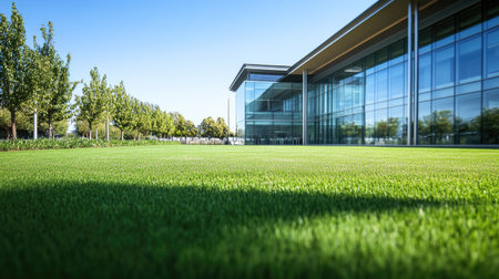 Green lawn stretching toward a contemporary office building with a mix of glass and metal exterior. Crisp, minimalistic setting.の素材